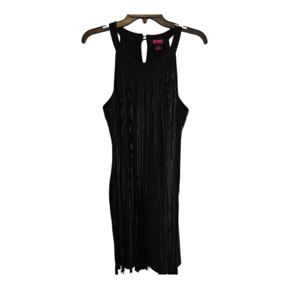 ROCK & ROLL DENIM LARGE BLACK HALTER DRESS SLEEVELESS FRONT FRINGE FAUX SUEDE